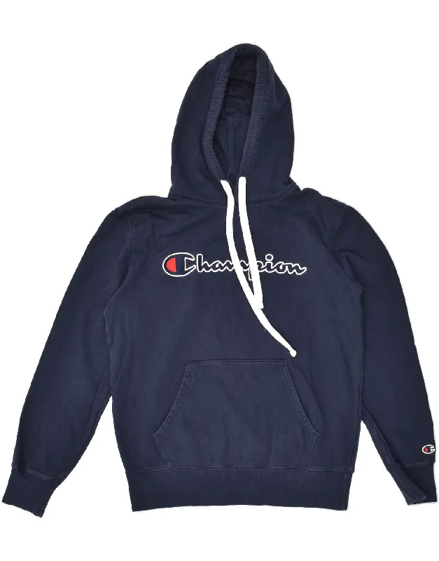 CHAMPION Womens Graphic Hoodie Jumper UK 16 Large Navy Blue Cotton Hoodie with V-Neck Classic Versatile