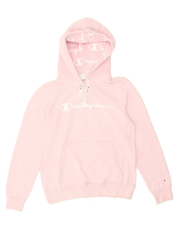 CHAMPION Womens Graphic Hoodie Jumper UK 16 Large Pink Hoodie with Belted Waist Structured Tailored