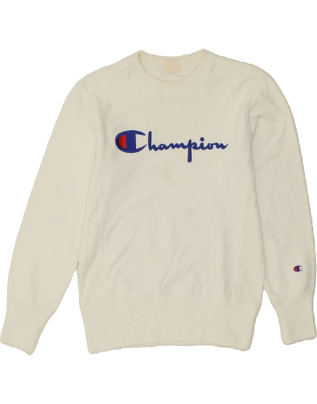 CHAMPION Womens Graphic Sweatshirt Jumper UK 14 Medium White Cotton Hoodie with Hem Lace Feminine Delicate