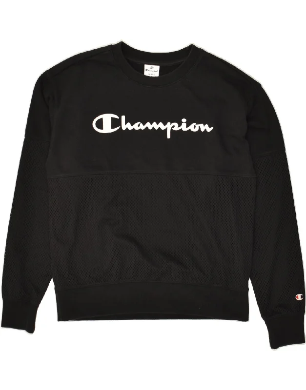 CHAMPION Womens Graphic Sweatshirt Jumper UK 16 Large Black Cotton Hoodie with Earth Tones Natural Calm