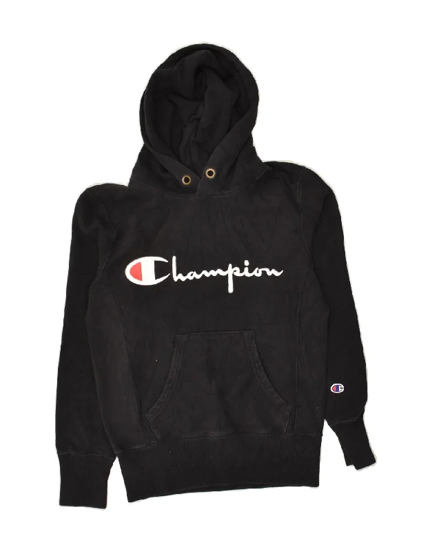 CHAMPION Womens Oversized Graphic Hoodie Jumper UK 6 XS Black Cotton Hoodie with Distressed Vintage Worn