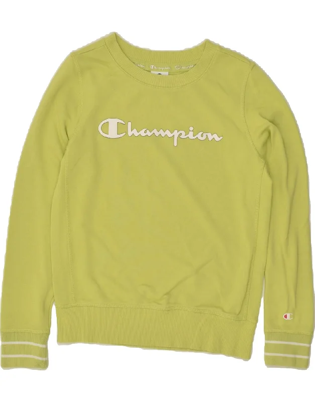 CHAMPION Womens Oversized Graphic Sweatshirt Jumper UK 6 XS Green Cotton Hoodie with Drawstring Waist Adjustable Fitted