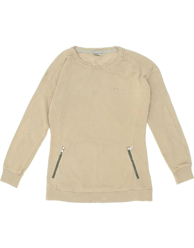 CHAMPION Womens Sweatshirt Jumper UK 14 Medium Beige Cotton Hoodie with Drawcord Adjustable Secure