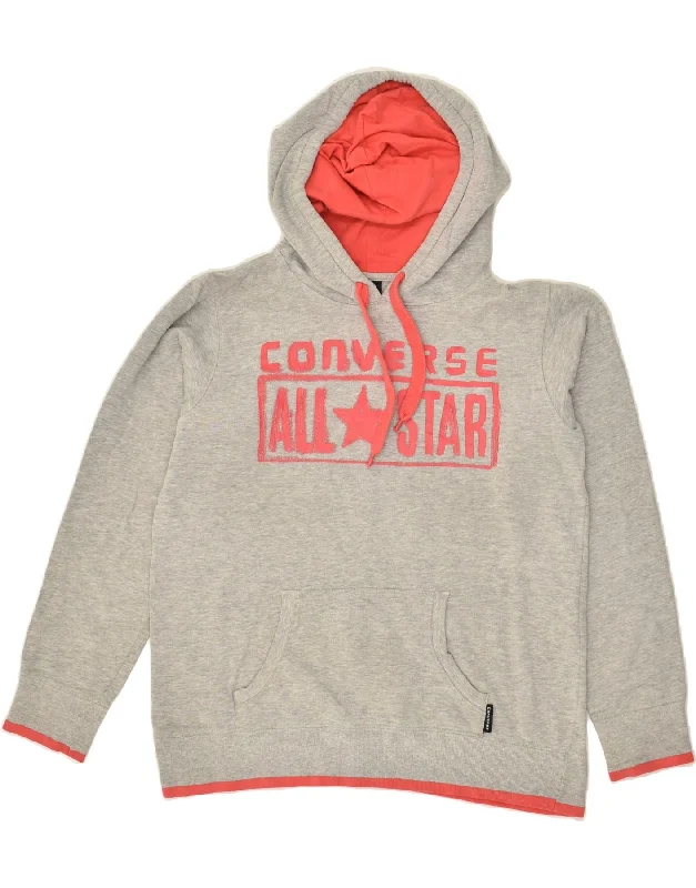 CONVERSE Womens Graphic Hoodie Jumper UK 14 Medium Grey Cotton Hoodie with V-Neck Classic Versatile