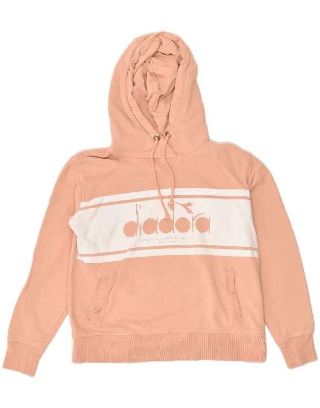 DIADORA Womens Graphic Hoodie Jumper UK 14 Medium Orange Cotton Hoodie with Button Classic Timeless