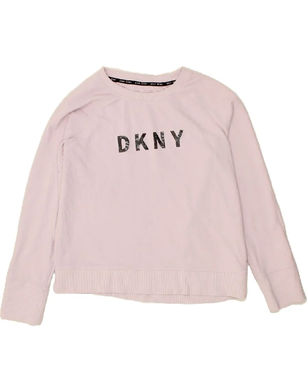 DKNY Womens Graphic Crop Sweatshirt Jumper UK 18 XL Pink Cotton Hoodie with Hem Detail Decorative Unique