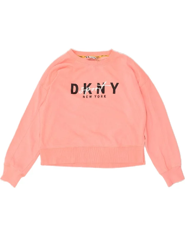 DKNY Womens Oversized Crop Graphic Sweatshirt Jumper UK 8 Small Pink Hoodie with Slim Fit Tailored Modern