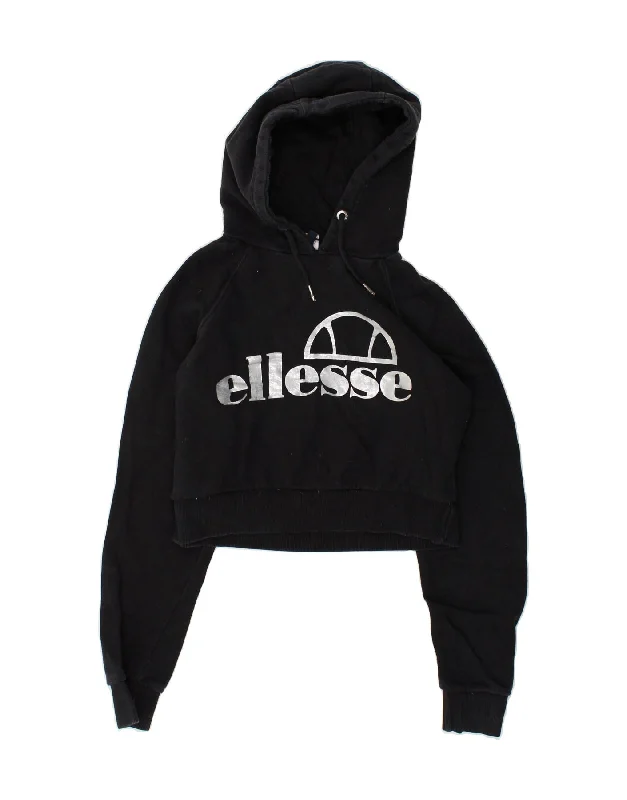 ELLESSE Womens Graphic Crop Hoodie Jumper UK 10 Small Black Hoodie with Hem Lace Feminine Delicate