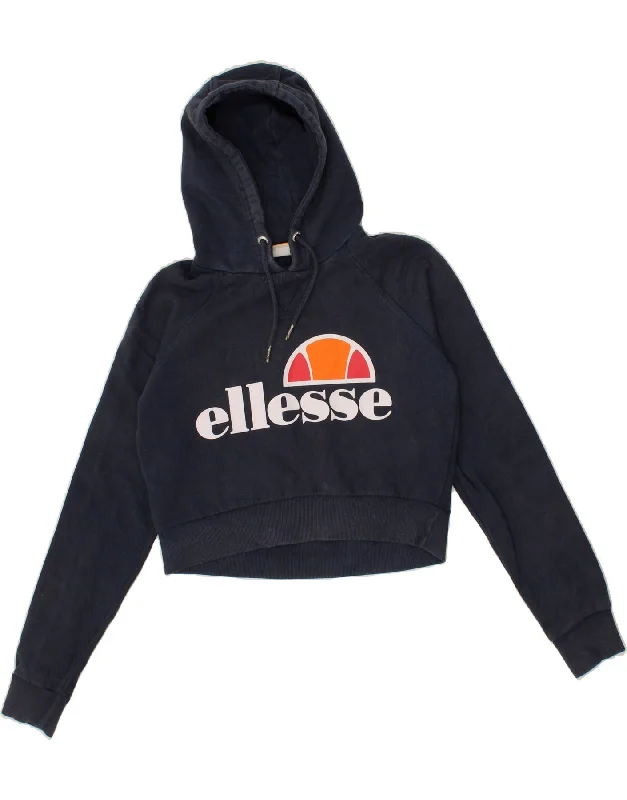 ELLESSE Womens Graphic Crop Hoodie Jumper UK 8 Small Navy Blue Cotton Hoodie with Emblem Brand Identity