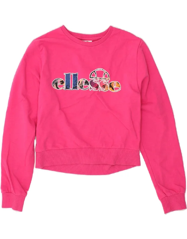 ELLESSE Womens Graphic Crop Sweatshirt Jumper UK 10 Small Pink Hoodie with Rhinestones Sparkly Elegant