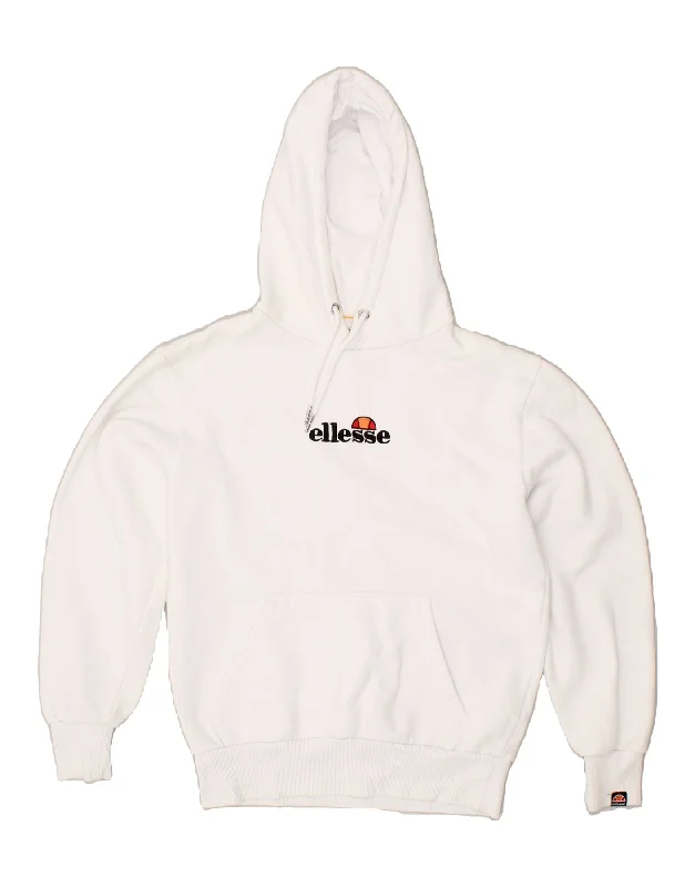 ELLESSE Womens Graphic Hoodie Jumper UK 10 Small White Cotton Hoodie with Ribbed Hem Stretchable Secure