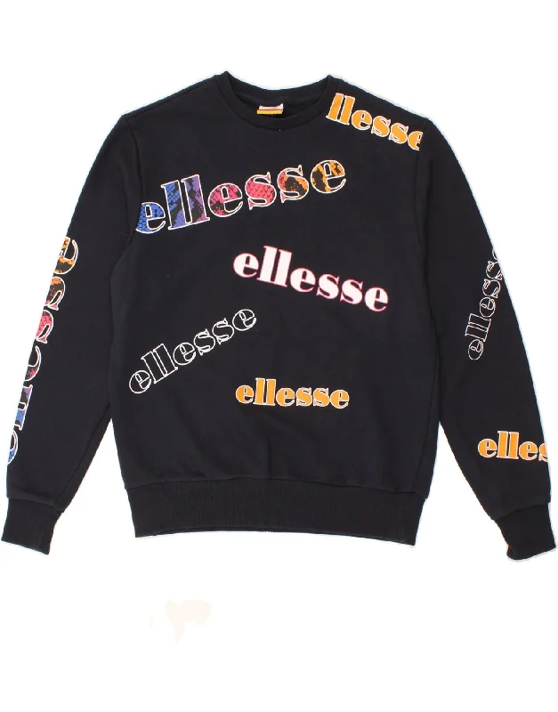 ELLESSE Womens Graphic Sweatshirt Jumper UK 12 Medium  Grey Cotton Hoodie with Hem Raw Edge Edgy Unfinished