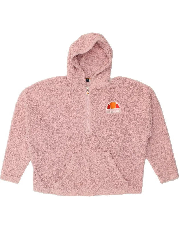 ELLESSE Womens Oversized Hooded Fleece Jumper UK 10 Small Pink Polyester Hoodie with Hem Fringe Bohemian Relaxed