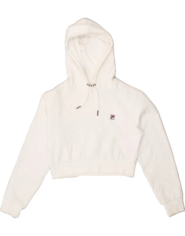 FILA Womens Crop Hoodie Jumper UK 2 2XS White Cotton Hoodie with Emblem Brand Identity