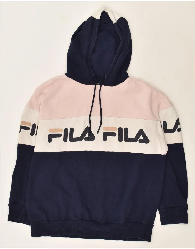 FILA Womens Graphic Hoodie Jumper UK 12 Medium Navy Blue Colourblock Hoodie with High-Low Hem Asymmetrical Trendy