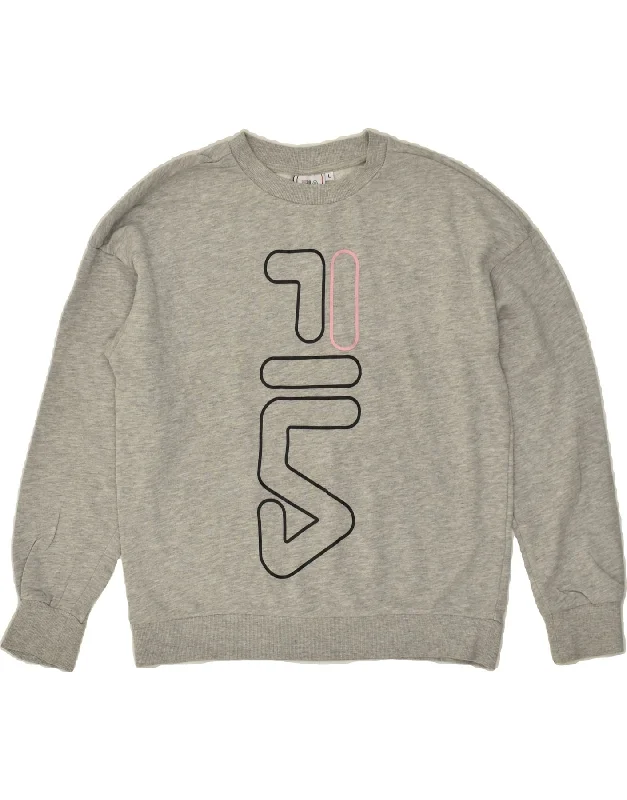 FILA Womens Graphic Sweatshirt Jumper UK 16 Large Grey Cotton Hoodie with Hem Drawcord Adjustable Customizable