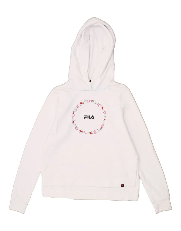 FILA Womens Oversized Crop Graphic Hoodie Jumper UK 6 XS White Floral Hoodie with Reflective Safety Nightwear