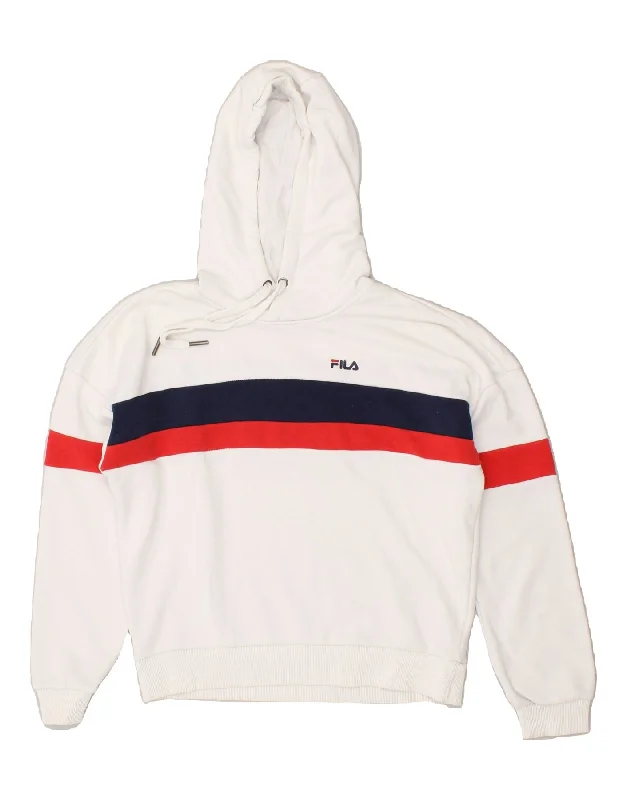 FILA Womens Oversized Graphic Hoodie Jumper UK 10 Small White Striped Hoodie with Fur Luxurious Winter