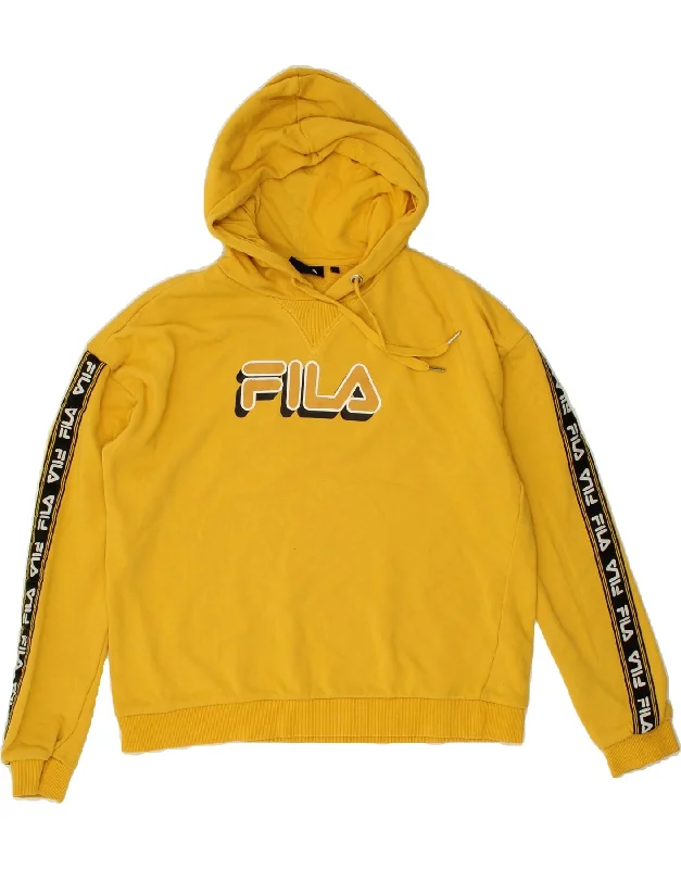 FILA Womens Oversized Graphic Hoodie Jumper UK 10 Small Yellow Hooded Sweatshirt Casual Wear Street Style