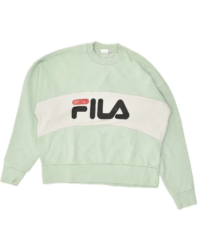 FILA Womens Oversized Graphic Sweatshirt Jumper UK 6 XS Green Colourblock Hoodie with Bell Sleeves Flared Feminine