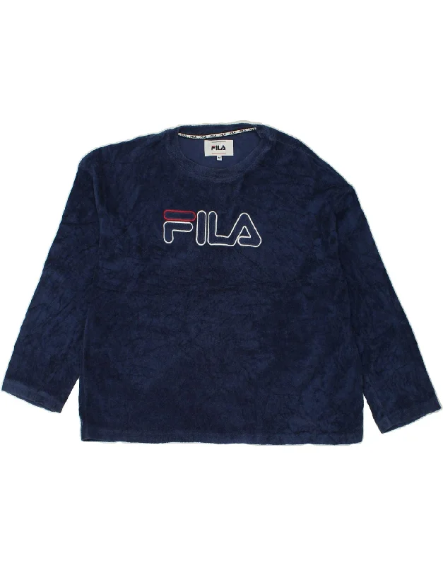 FILA Womens Sweatshirt Jumper UK 14 Medium Navy Blue Polyester Hoodie with Fur Luxurious Winter