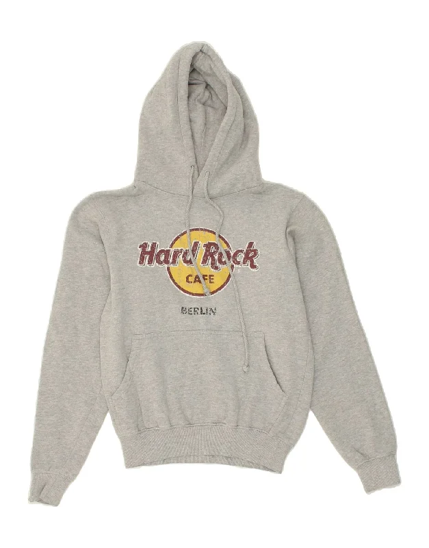 HARD ROCK CAFE Womens Berlin Graphic Hoodie Jumper UK 10 Small Grey Cotton Hoodie with Hem Applique Textured Unique