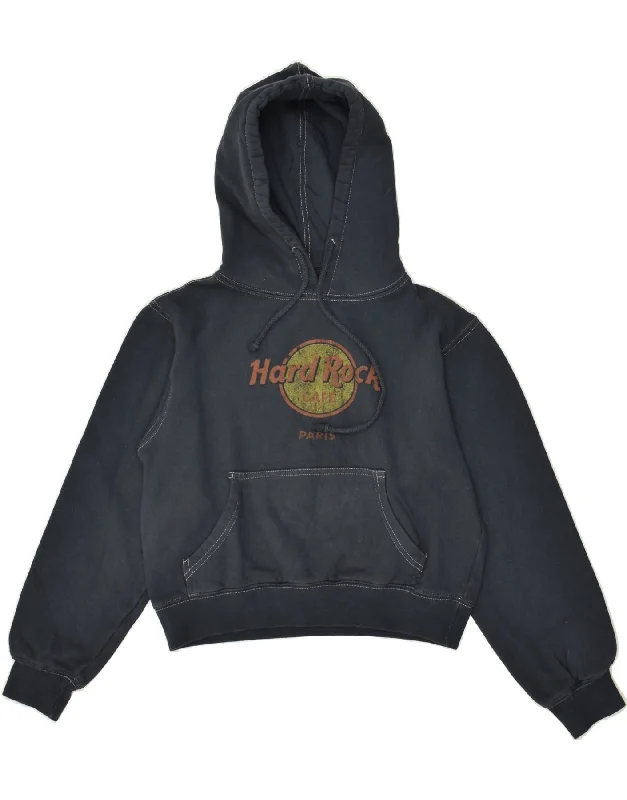 HARD ROCK CAFE Womens Paris Crop Graphic Hoodie Jumper UK 6 XS Navy Blue Hoodie with Drawstring Waist Adjustable Fitted