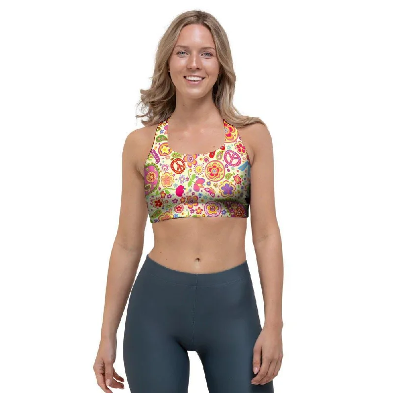 Hippie White Peace Sports Bra Minimalist Wireless Bra