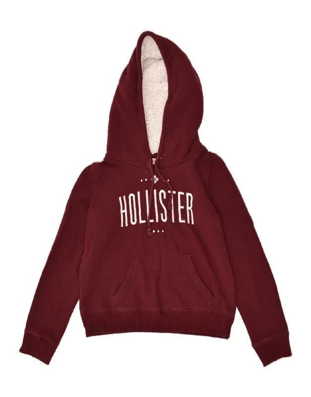 HOLLISTER Womens Crop Graphic Hoodie Jumper UK 12 Medium Maroon Cotton Hoodie with Zipper Placket Modern Functional