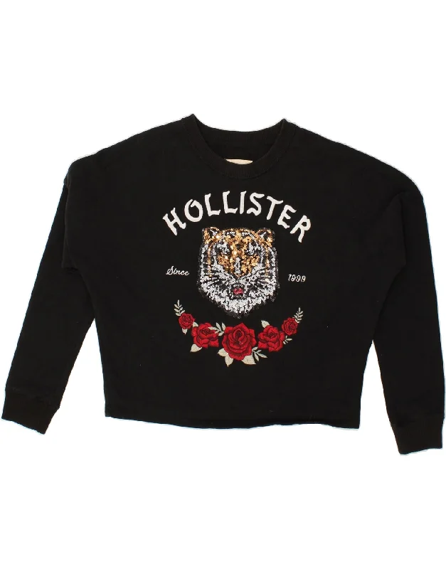 HOLLISTER Womens Graphic Crop Sweatshirt Jumper UK 10 Small Black Hoodie with Puffed Sleeves Voluminous Trendy