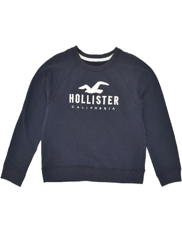 HOLLISTER Womens Graphic Sweatshirt Jumper UK 10 Small Navy Blue Cotton Hoodie with Logo Branding Identity