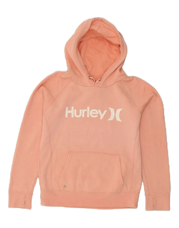 HURLEY Womens Graphic Hoodie Jumper UK 10 Small Pink Cotton Hoodie with Front Slit Layering Stylish