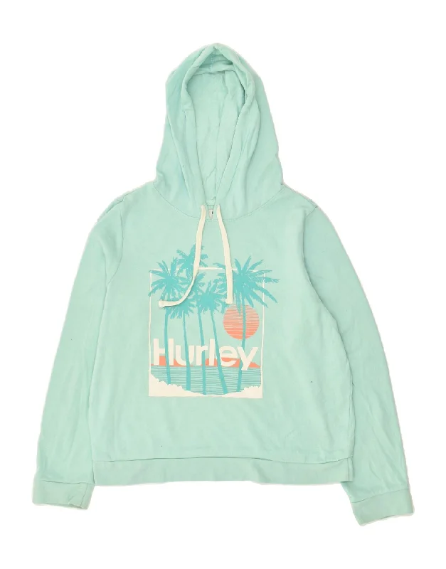 HURLEY Womens Graphic Hoodie Jumper UK 14 Medium Turquoise Cotton Hoodie with Ribbed Cuffs Snug Fit Comfort