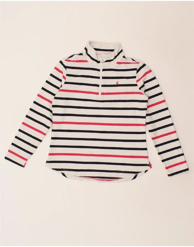 JOULES Womens Zip Neck Sweatshirt Jumper UK 12 Medium White Striped Cotton Hoodie with Hem Ribbing Snug Secure