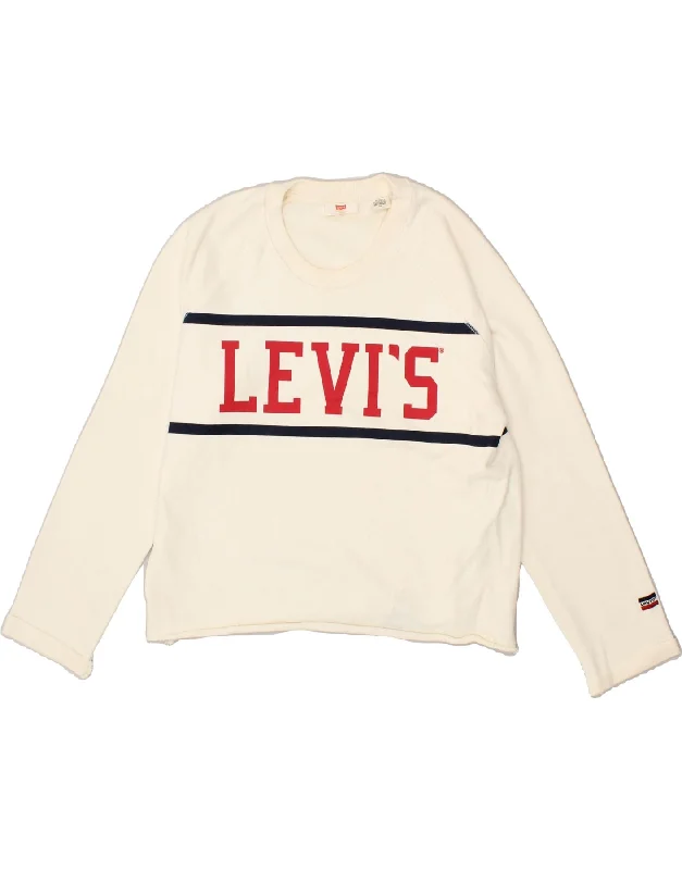 LEVI'S Womens Crop Graphic Sweatshirt Jumper UK 16 Large Off White Cotton Hoodie with Drawcord Adjustable Secure