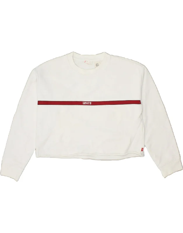 LEVI'S Womens Crop Graphic Sweatshirt Jumper UK 6 XS White Cotton Hoodie with Button Placket Classic Preppy