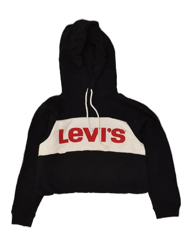 LEVI'S Womens Graphic Crop Hoodie Jumper UK 6 XS Black Colourblock Cotton Hoodie with Pastel Soft Subtle