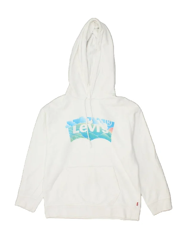 LEVI'S Womens Graphic Hoodie Jumper UK 10 Small White Cotton Hoodie with Tied Waist Feminine Flattering