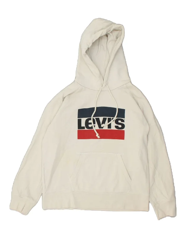 LEVI'S Womens Graphic Hoodie Jumper UK 14 Medium Off White Cotton Hoodie with Toggle Buttons Decorative Unique