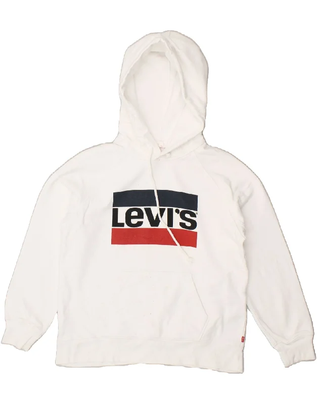 LEVI'S Womens Graphic Hoodie Jumper UK 6 XS White Cotton Hoodie with Frayed Bohemian Relaxed