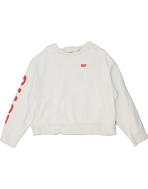 LEVI'S Womens Oversized Graphic Crop Sweatshirt Jumper UK 6 XS White Hoodie with Zipper Placket Modern Functional