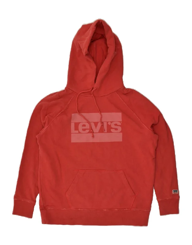 LEVI'S Womens Oversized Graphic Hoodie Jumper UK 14 Medium Red Cotton Hoodie with Hem Raw Edge Edgy Unfinished