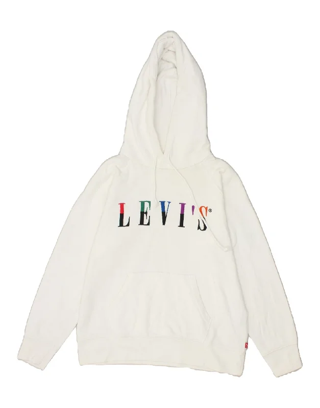 LEVI'S Womens Oversized Graphic Hoodie Jumper UK 6 XS White Cotton Hoodie with High Neck Warm Protective