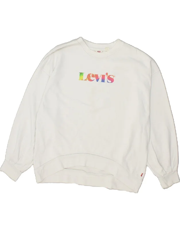 LEVI'S Womens Oversized Graphic Sweatshirt Jumper UK 14 Medium White Hoodie with Emblem Brand Identity