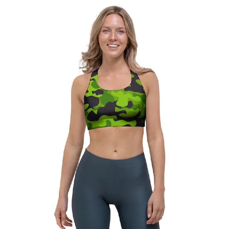 Lime Green Camo Print Sports Bra Stretchy Wireless Bra