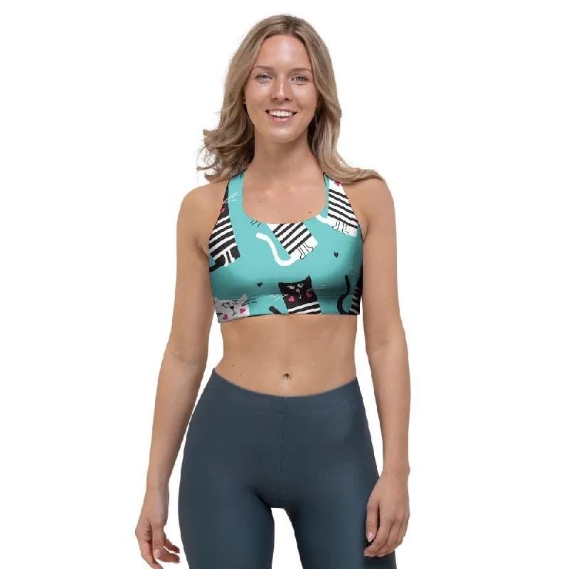 Love Turquoise Cat Print Sports Bra Sexy Mesh Bralette