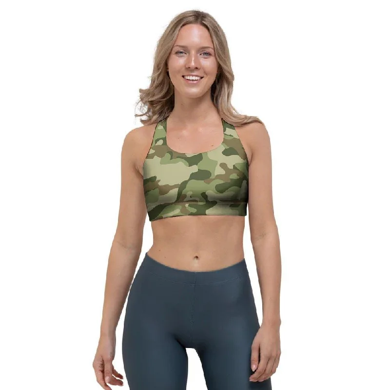 Military Green Camo Print Sports Bra Adjustable Fit Bra