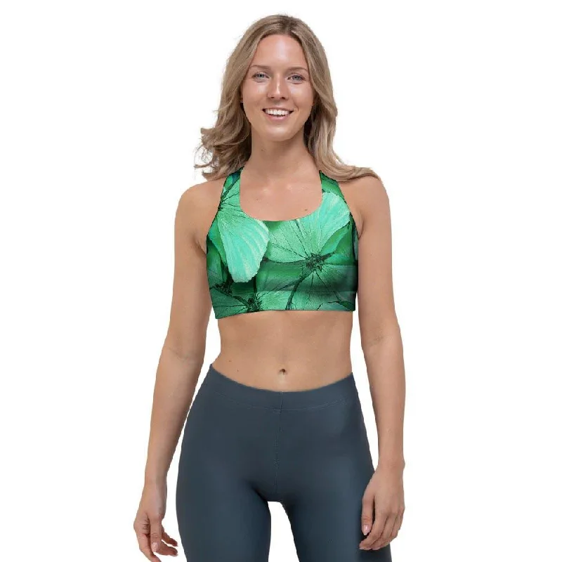 Mint Green Butterfly Print Sports Bra Adjustable Fit Bra