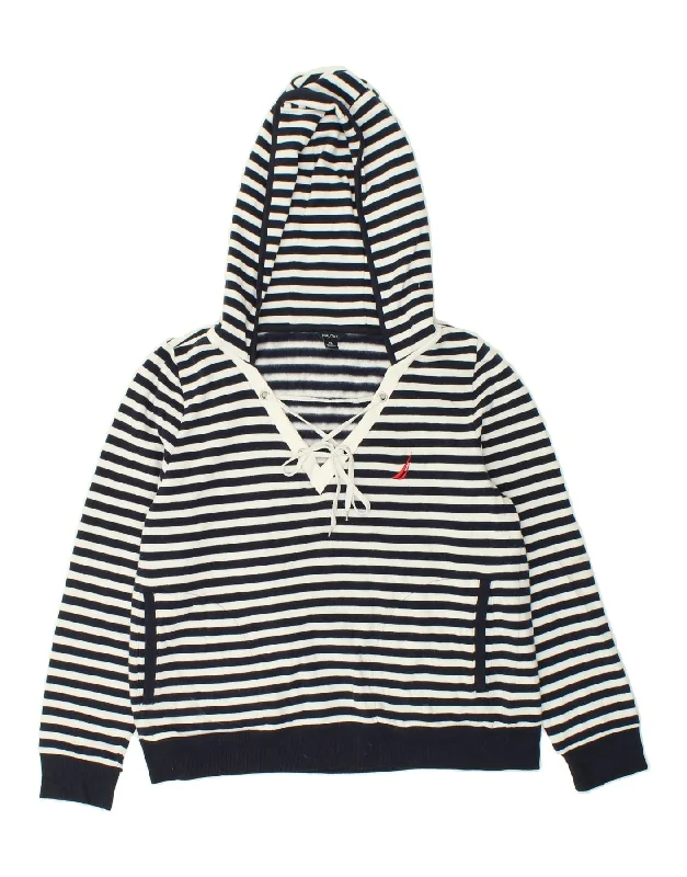 NAUTICA Womens Hoodie Jumper UK 18 XL Navy Blue Striped Cotton Hoodie with Bell Sleeves Flared Feminine