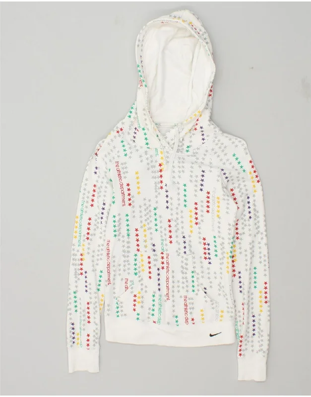 NIKE Womens Abstract Pattern Hoodie Jumper UK 4/6 XS White Cotton Hoodie with High Neck Warm Protective